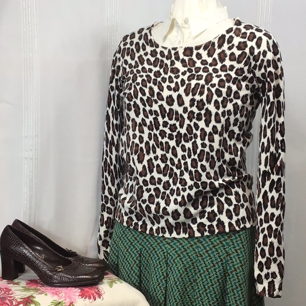 🐆 Metric Animal Print Beaded Long Sleeve Scoop Neck Popover Sweater Sz.L